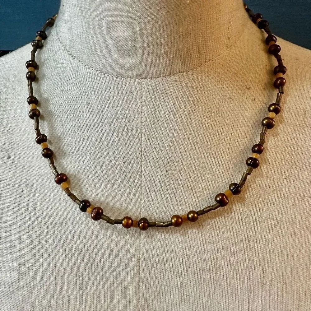 brown dyed pearl beaded necklace